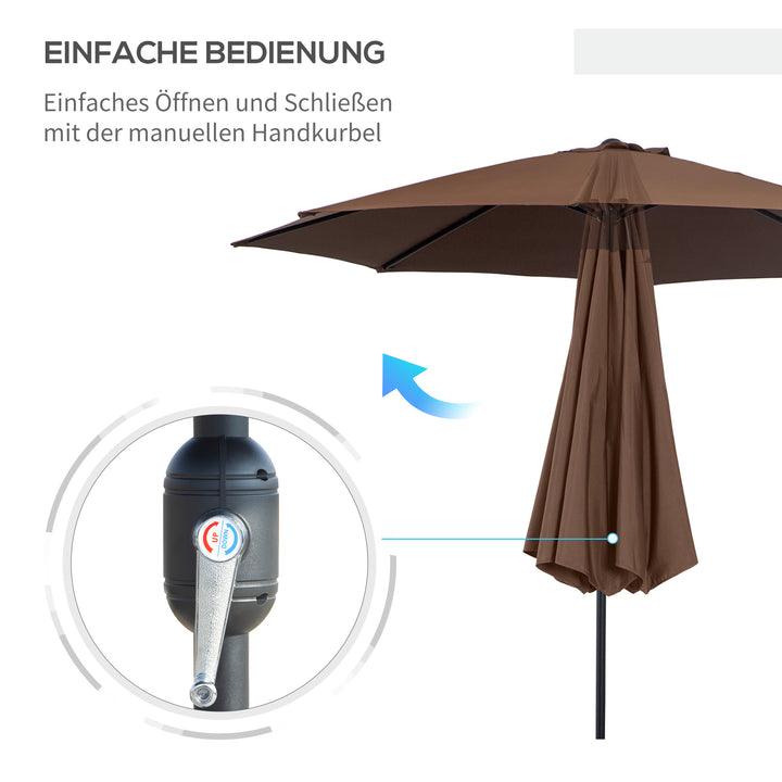 Parasol, vippeparasol, haveparasol, markedsparasol med håndsving, stål, 180/m², polyester, brun, Ø2,95 x 2,5 m