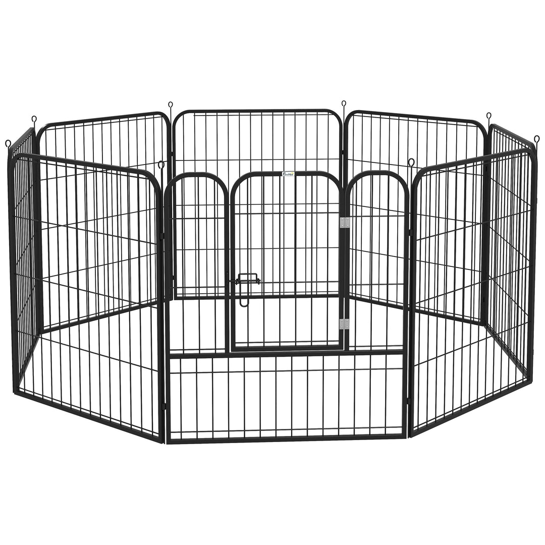 Hvalpegård, sæt med 8 dele, 80 cm høj, hvalpegård med aflåselig dør, 8 stålnetpaneler, hundegård, udendørs indhegning til små og mellemstore hunde, til indendørs og udendørs brug, grå