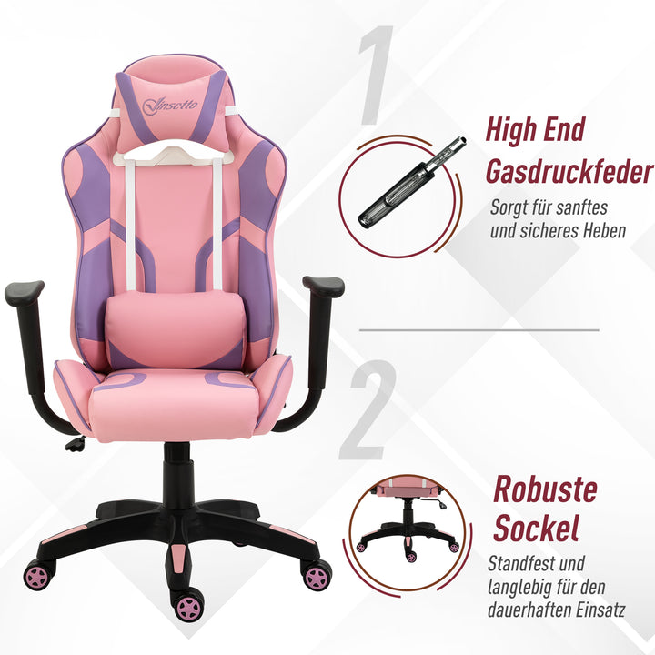 Ergonomisk gamingstol kontorstol drejestol justerbar massage lændepude højdejusterbar pink og lilla 69 x 56 x 125,5 cm