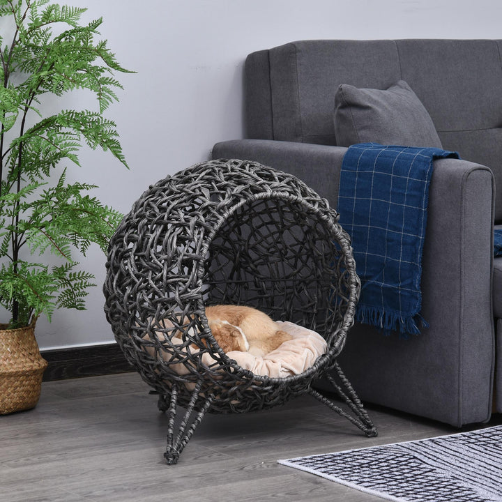 Rattan kattehus med hynde, katteseng, kattehule med hævede fødder, sølvgrå, Ø52 x 58 cm