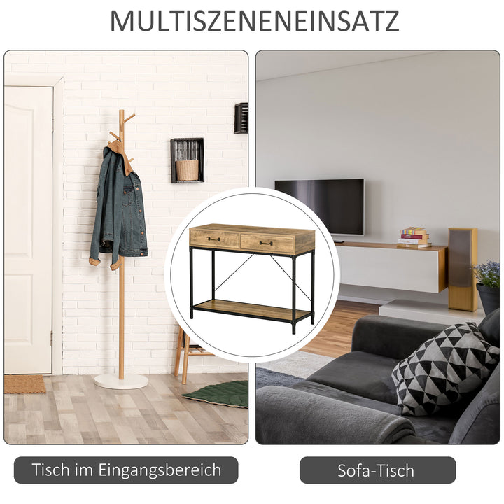 Konsolbord entrebord med hylde og 2 skuffer, 100 x 35 x 76,5 cm sidebord sofabord udstillingsbord til lille rum, entré, entre, stue brun+sort