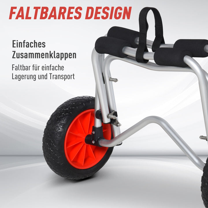 Aluminium kanovogn, kajakvogn, surfvogn, foldbar med rem, kunstlæderhjul, sølv, op til 75 kg, 68 x 44,5 x 40 cm