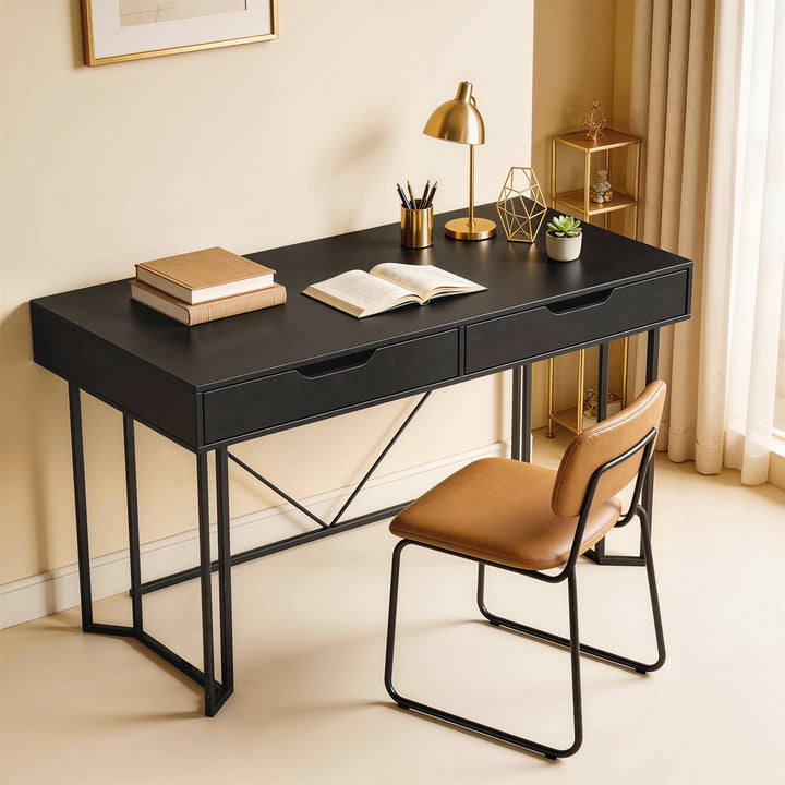 Lille computerbord med 2 skuffer, skrivebord med stor arbejdsflade 120 x 60 x 77 cm Sort