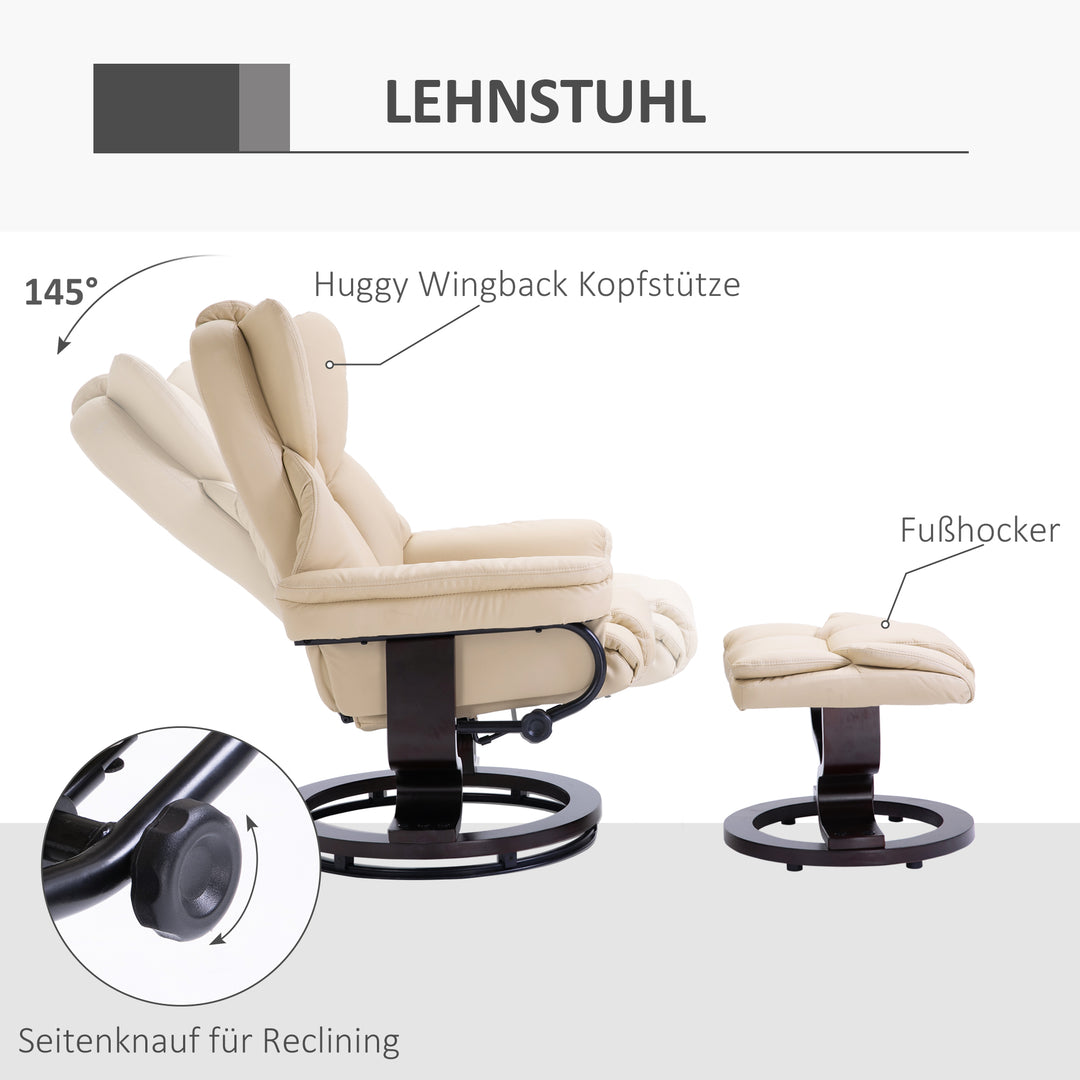 Lænestol med fodskammel, lænefunktion, drejefunktion, op til 160 kg, kunstlæder, metalstel, cremefarvet, 80 x 79 x 100 cm