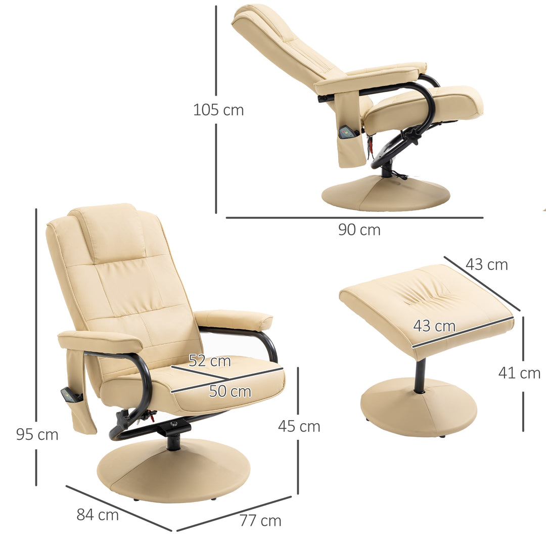 Massagestol med skammel, drejelig lænestol med massagefunktion, elektrisk tv-stol med lænefunktion, fjernbetjening til stue, kunstlæder, creme