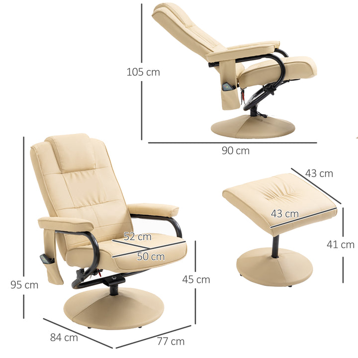 Massagestol med skammel, drejelig lænestol med massagefunktion, elektrisk tv-stol med lænefunktion, fjernbetjening til stue, kunstlæder, creme