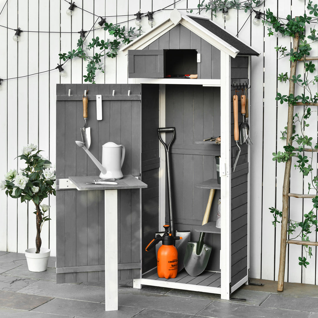 Træskur, vejrbestandigt redskabsskur 78x52,5x182cm, redskabsskur med dør, gavltag, redskabsskab med kroge, foldbart bord, redskabsskab haveskur til have, terrasse, grå
