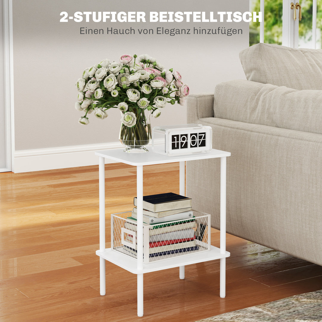 Moderne 2-lags sidebord med opbevaringsrum og metalstel til stue, soveværelse, hvid