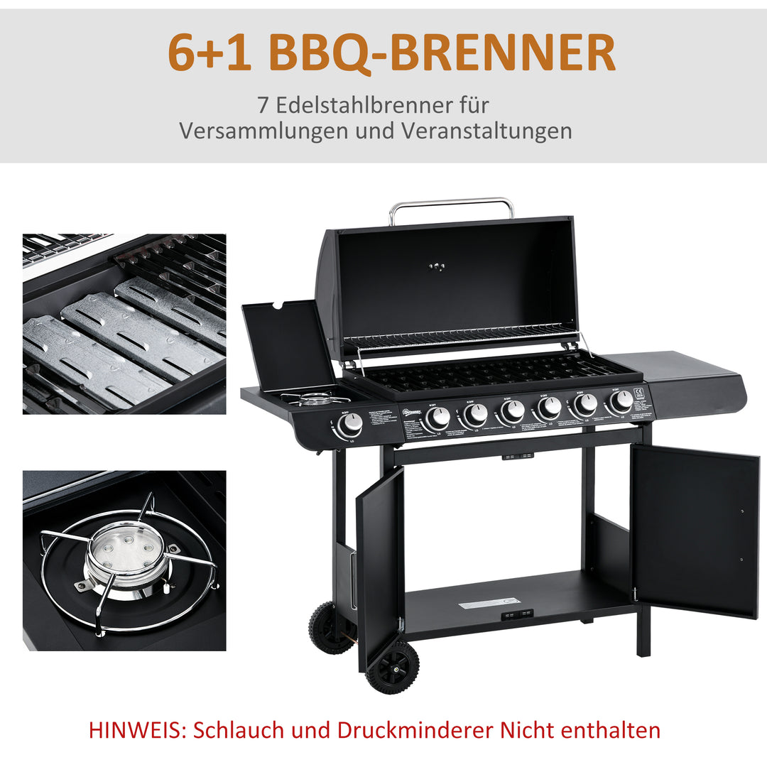 Gasgrill med 7 brændere, inklusive termometer, BBQ-grill, bærbar grill, sort