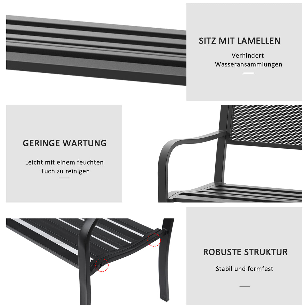 Havebænk, parkbænk, 2-personers, stål, sort, B127 x D60 x H87 cm