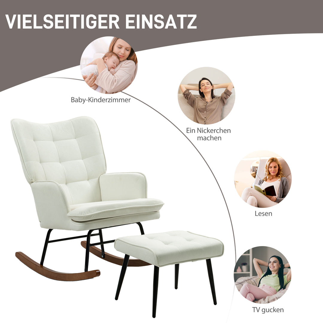Gyngestol med skammel, blidt gyngesystem, imiteret linned, 64 x 89 x 90 cm, cremehvid