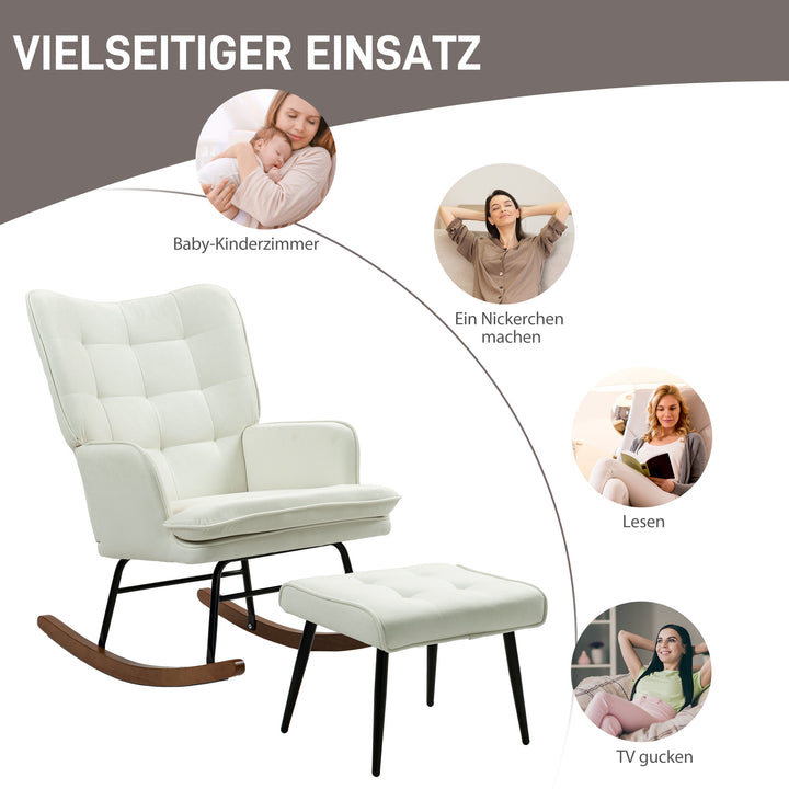 Gyngestol med skammel, blidt gyngesystem, imiteret linned, 64 x 89 x 90 cm, cremehvid