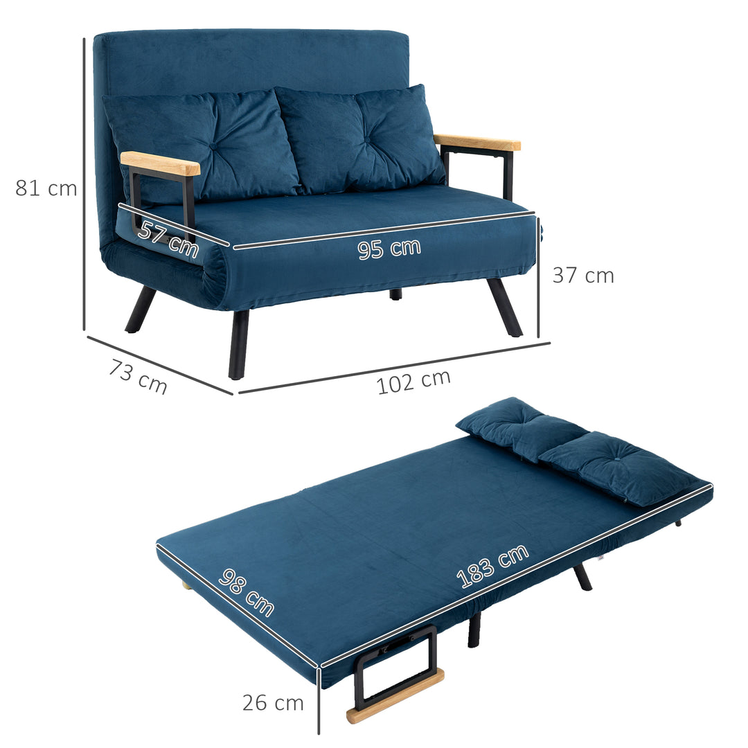 2-Personers sovesofa med fløjlsbetræk, sovefunktion, inklusive 2 puder, fløjlslook, natur + blå