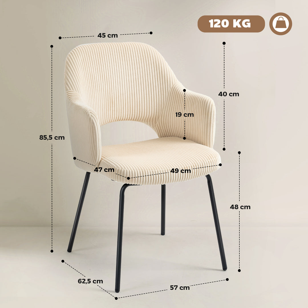 Spisestol, corduroy-polstring, skalform, metalben, fodhynde, beige