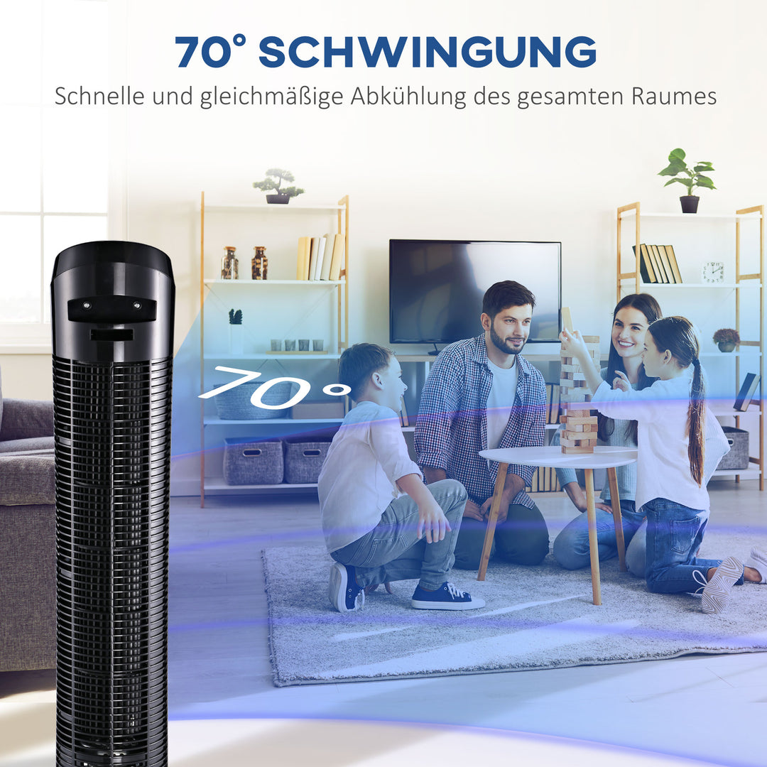 45W tårnventilator, stille design, 3 hastighedsindstillinger, 70° oscillation, ABS, sort, Ø27 x H75 cm