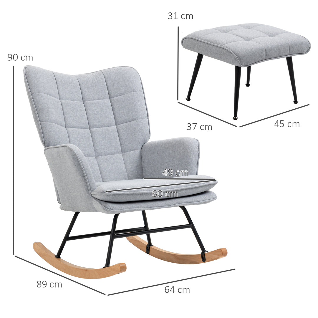 Gyngestol med fodskammel skandinavisk design gyngestol med fodskammel, bøgetræ, quiltet, 64 cm x 89 cm x 90 cm grå