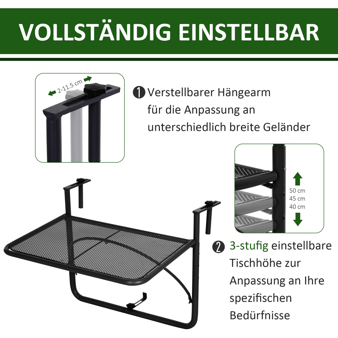 Balkonhængebord, havebord, højdejusterbart, firkantet, terrassebord, metal, sort, L60 x B56,5 x H45 cm