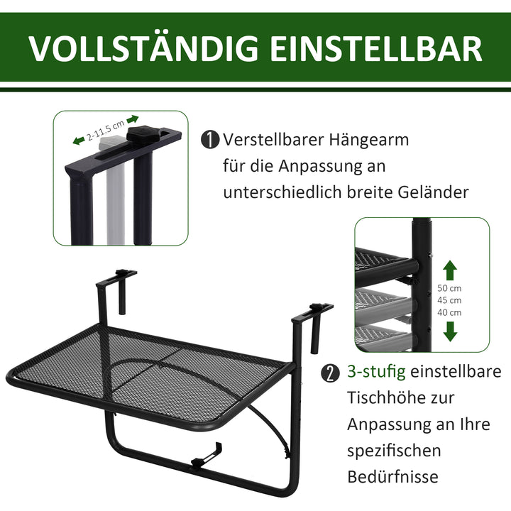 Balkonhængebord, havebord, højdejusterbart, firkantet, terrassebord, metal, sort, L60 x B56,5 x H45 cm