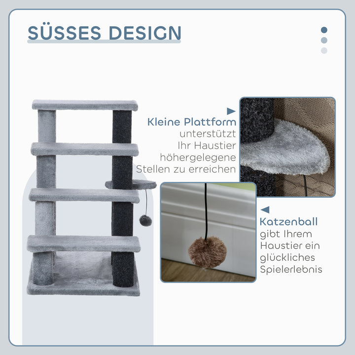 Kattetrappe 4-trins kæledyrstrappe med kradsetræer bold hundetrappe kæledyrstrappe til katte op til 5 kg plys jute grå 60 x 40 x 64 cm