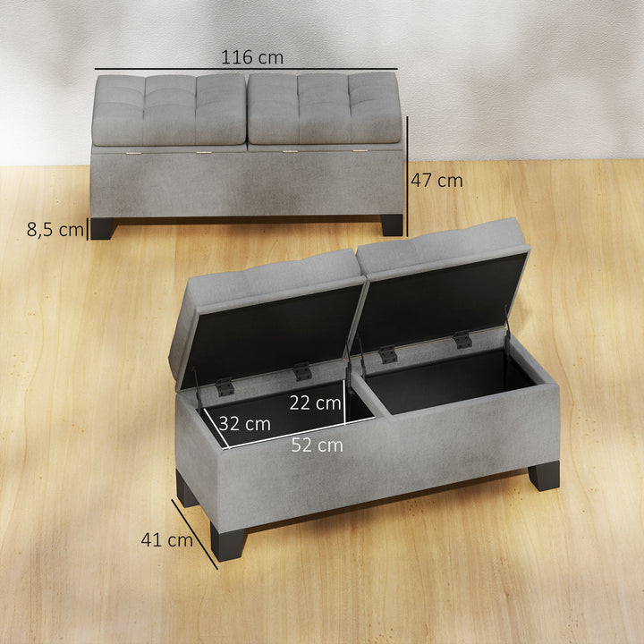 Opbevaringsbænk, polstret bænk med linnedlook, polstret opbevaringsboks, lasteevne op til 180 kg, til entré, soveværelse, stue, 116x41x47 cm, grå