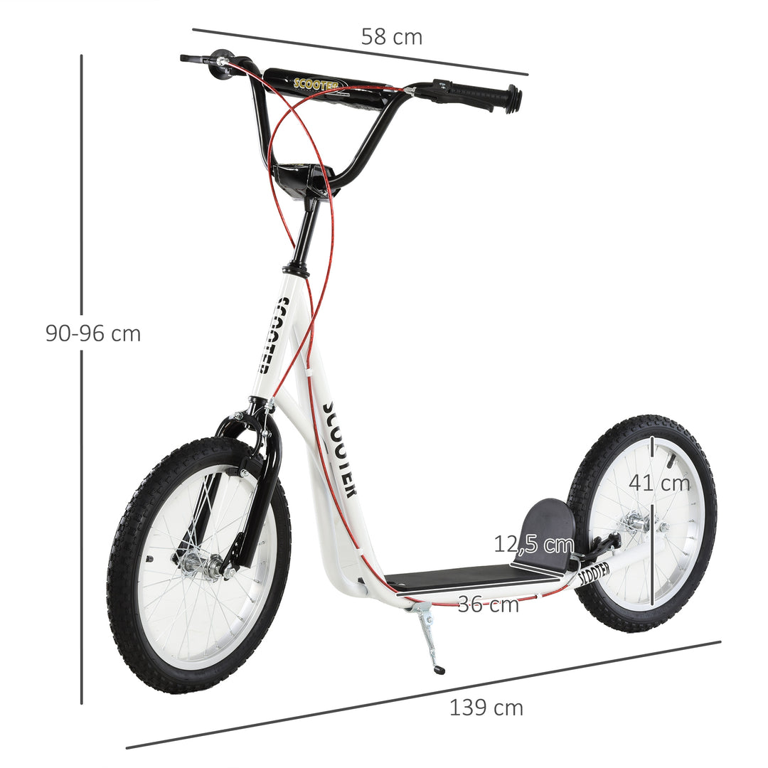 Børnescooter, sparkscooter, city scooter, sparkscooter, børnesparkbræt med pneumatiske dæk og håndbremse, scooter til børn, vandtæt, foldbar, fra 5 år, 16 tommer, hvid, 139 x 58 x 90-96 cm