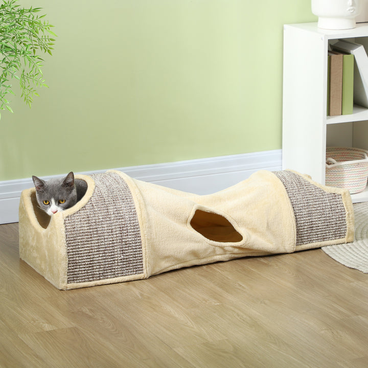 Kattetunnel med 3 åbninger, plys, sisal kradsereb, 107 x 38 x 29 cm, beige/grå