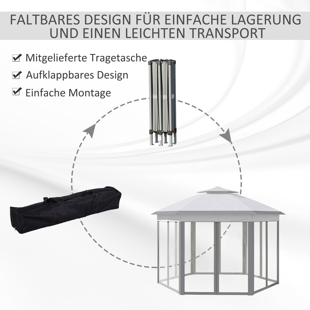 Foldbart pavillon 4 x 4m sekskantet design, netgardiner, vandafvisende, ventileret tag til grill, grå og hvid