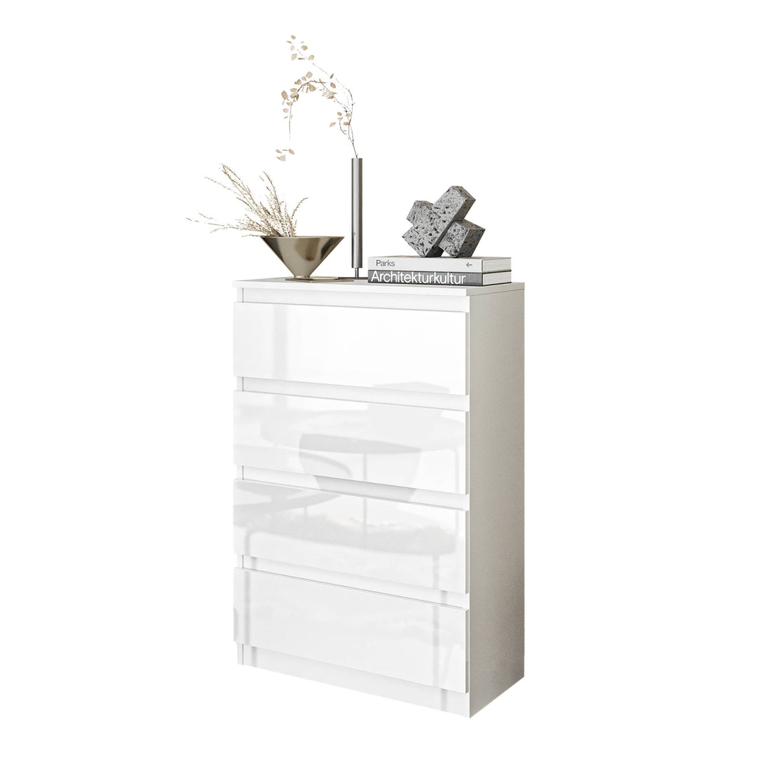 GABRIEL - Kommode / skænk med 4 skuffer - Hvid Mat / Hvid Højglans - H92cm B60cm D33cm