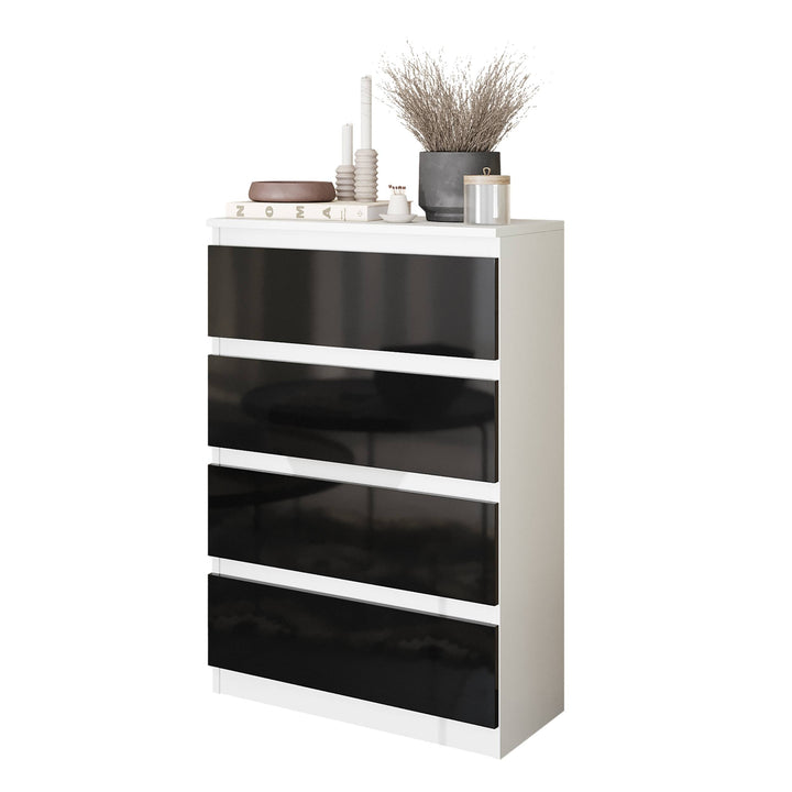 GABRIEL – kommode med 4 skuffer – mat hvid / sort højglans – H92 cm B60 cm D33 cm