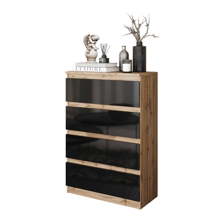 GABRIEL Kommode med 4 skuffer – Wotan eg / Sort Højglans – B60 × H92 × D33 cm