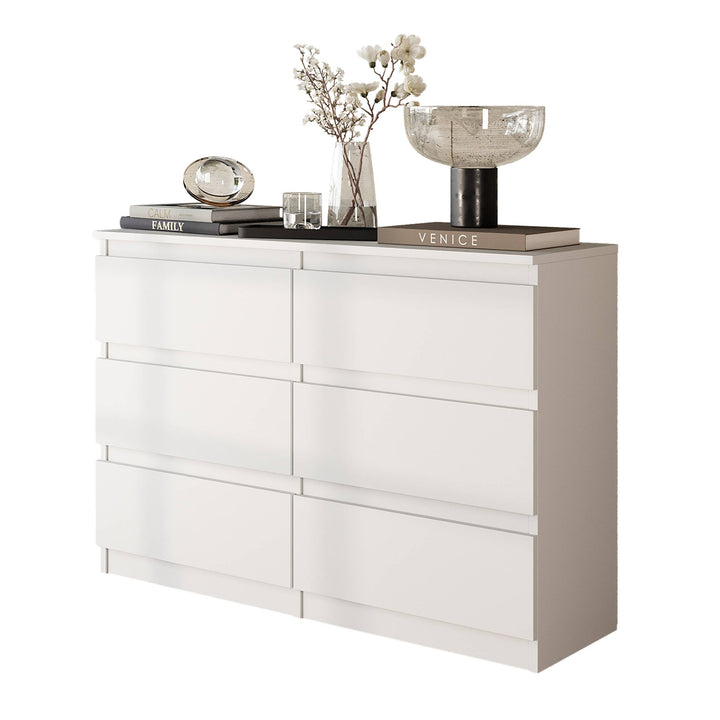 GABRIEL – kommode med 6 skuffer – mat hvid – H71 cm B100 cm D33 cm