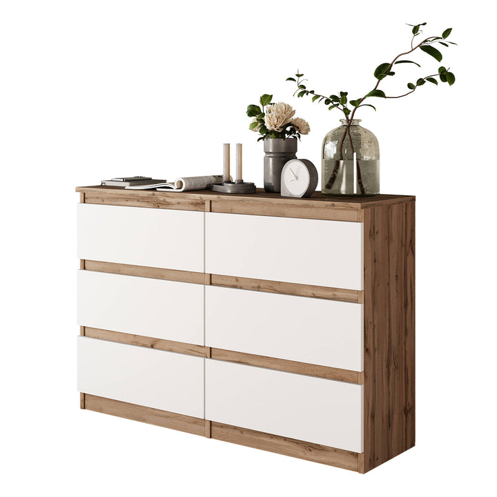 GABRIEL - Kommode / skænk med 6 skuffer - Wotan Eg / Hvid Mat - H71cm B100cm D33cm