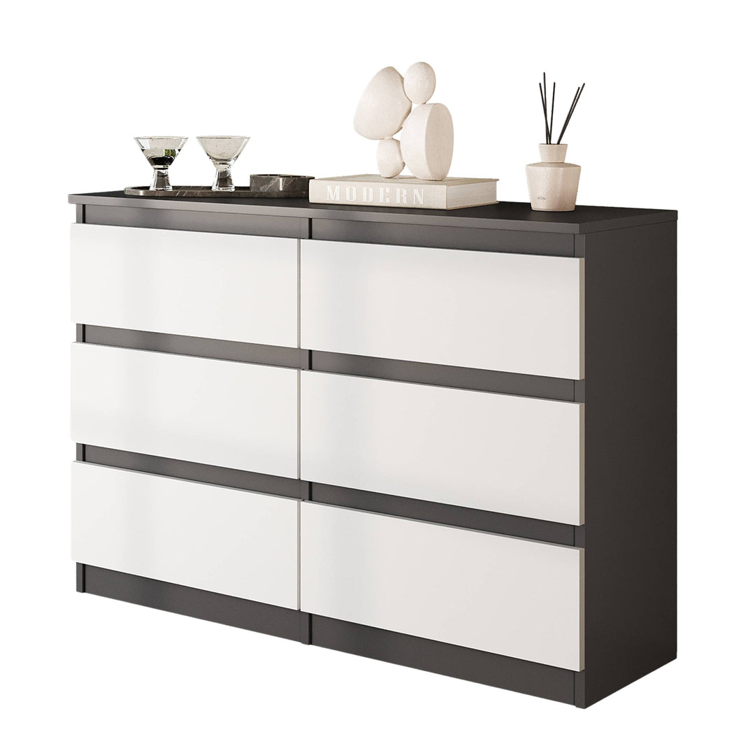 GABRIEL - Kommode / skænk med 6 skuffer - Antracit / Hvid Mat - H71cm B100cm D33cm
