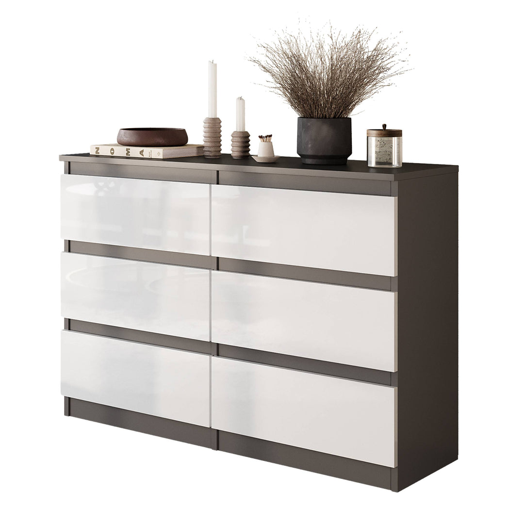 GABRIEL - Kommode / skænk med 6 skuffer - Antracit / Hvid Højglans - H71cm B100cm D33cm