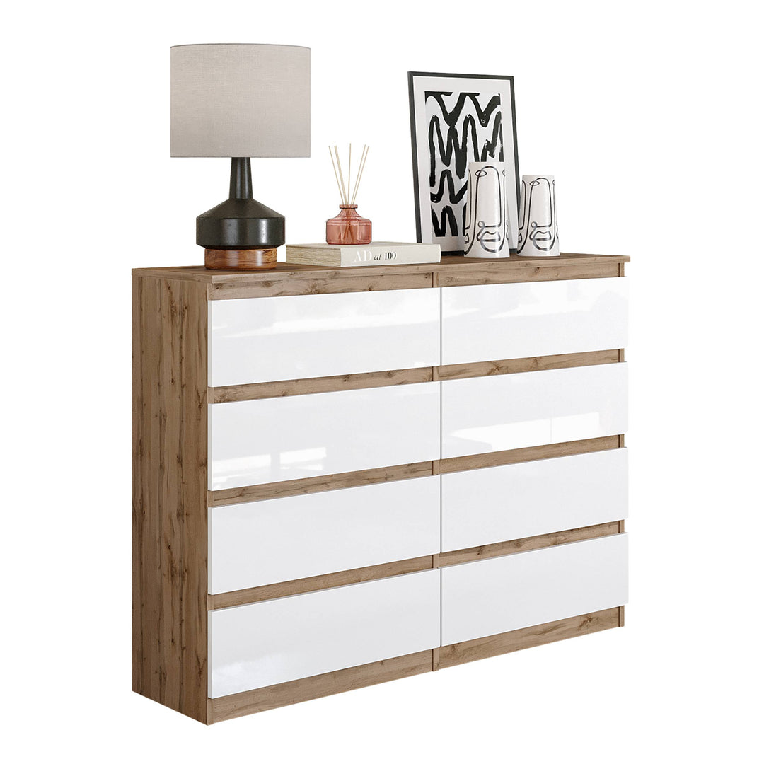 GABRIEL Kommode med 8 skuffer – Wotan Eg / Hvid Højglans – B120 × H92 × D33 cm