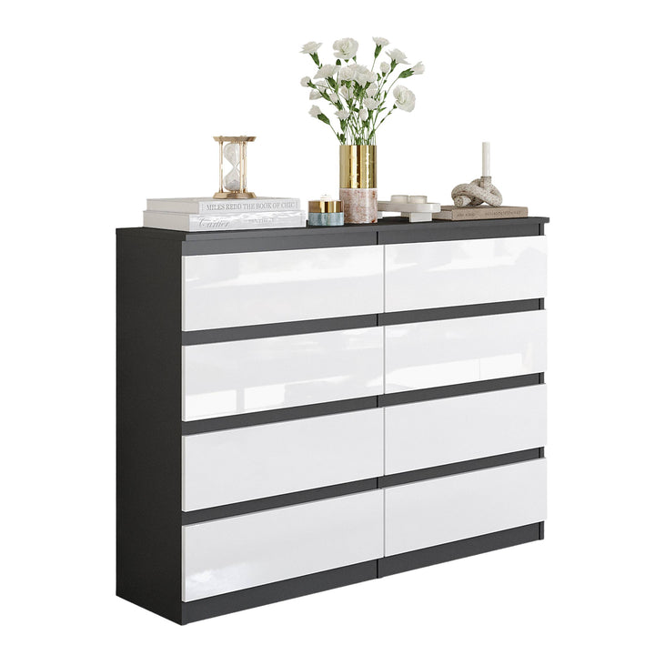 GABRIEL - Kommode / skænk med 8 skuffer - Antracit / Hvid Højglans - H92cm B120cm D33cm