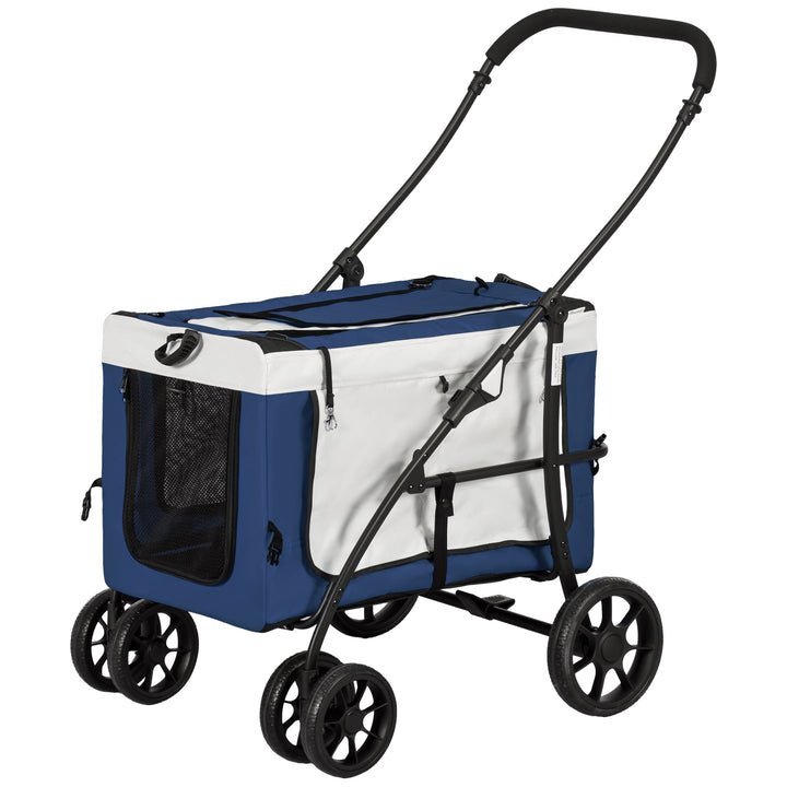 Hundevogn, kæledyrsvogn, kæledyrstransportør op til 10 kg, foldbar, justerbare bærestropper, aftagelig kurv, 81 x 58 x 97,5 cm, sort + blå + hvid