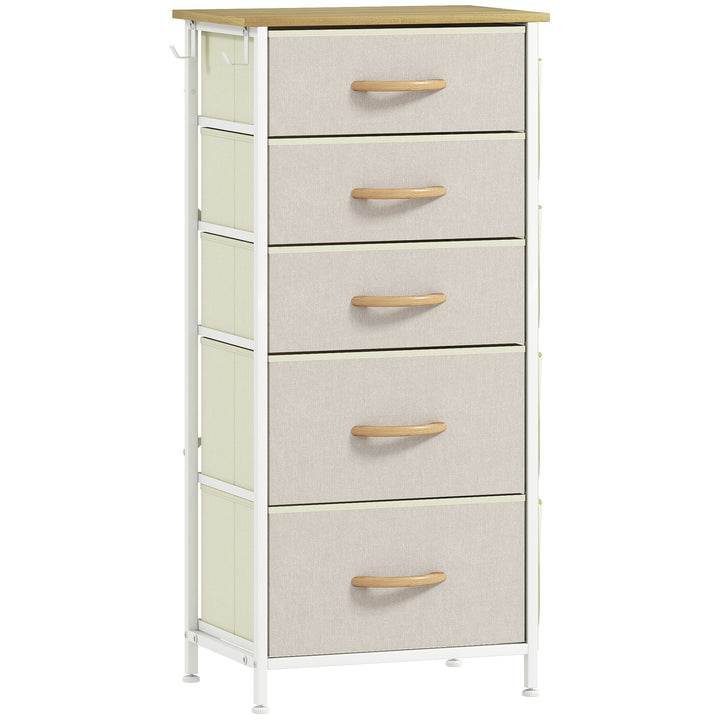 Soveværelseskommode med 5 stofskuffer, stålstøtter, træoverflade, 4 opbevaringslommer, 2 kroge, beige