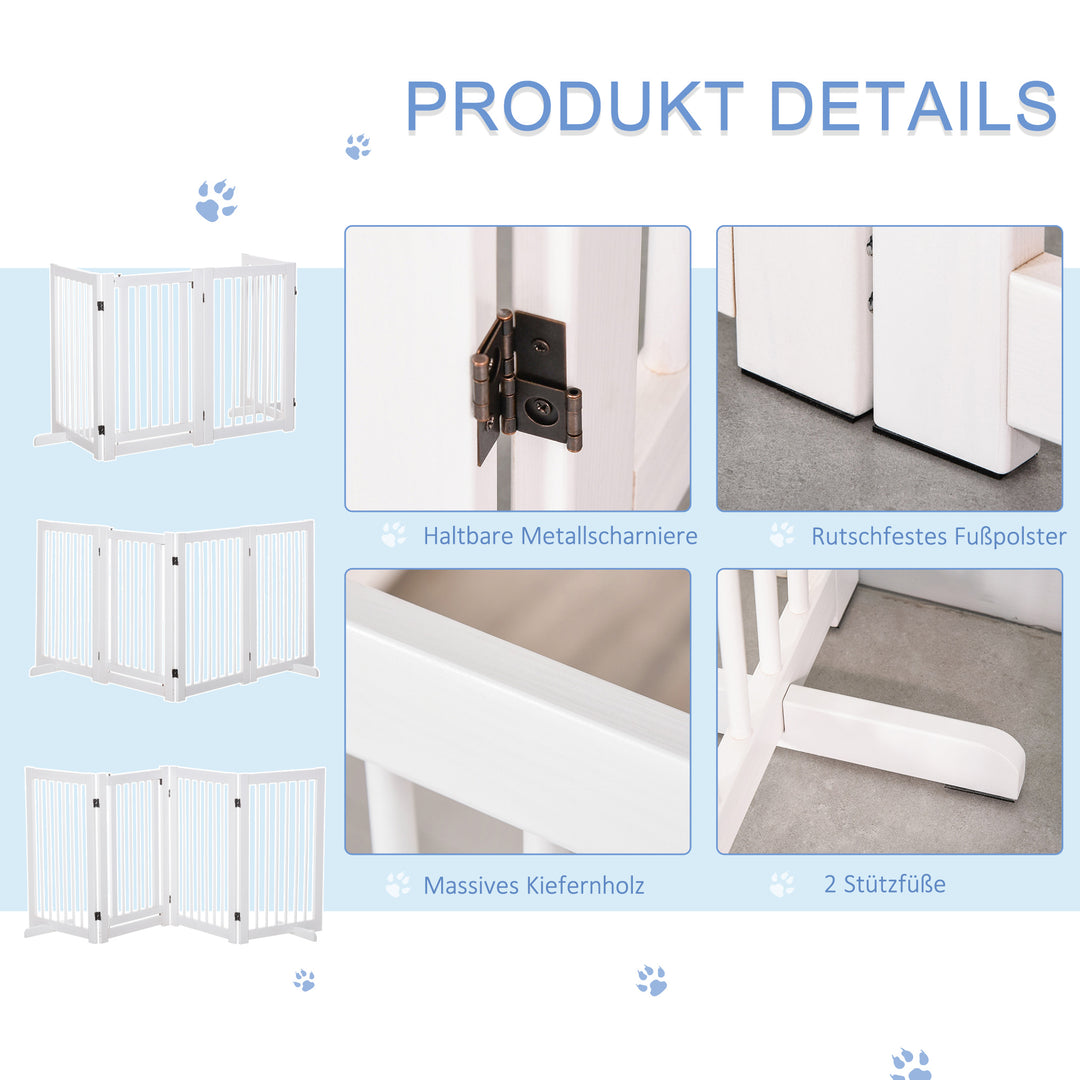 Hundesikkerhedsgitter, sæt med 4 dele, 220 x 91 cm, foldbart, med dør, fritstående hundegitter med 2 støttefødder, trætrappegitter til entré, køkken, trappe, hvid