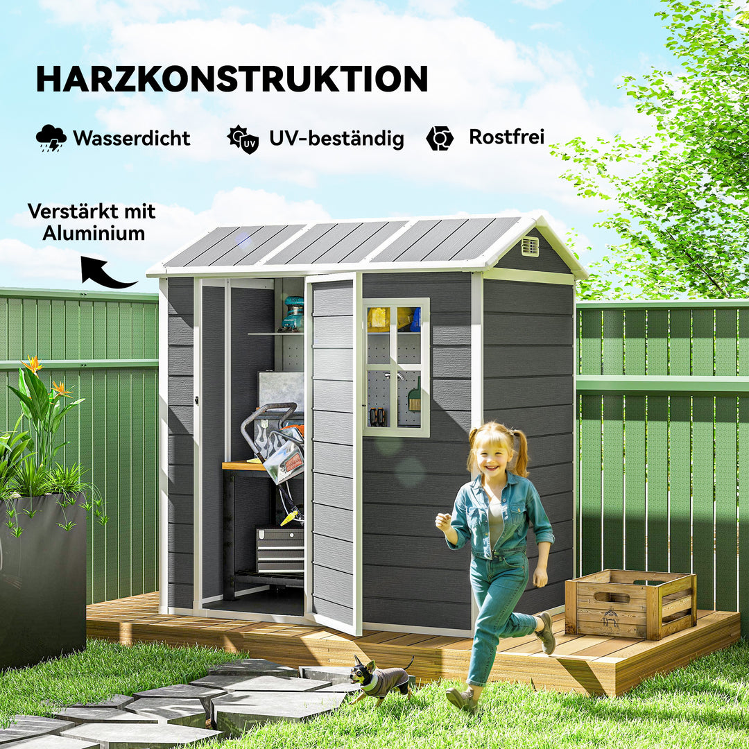 Haveskur med gulv, vindue, aflåselig dør, plastharpiks, vejrbestandig, grå