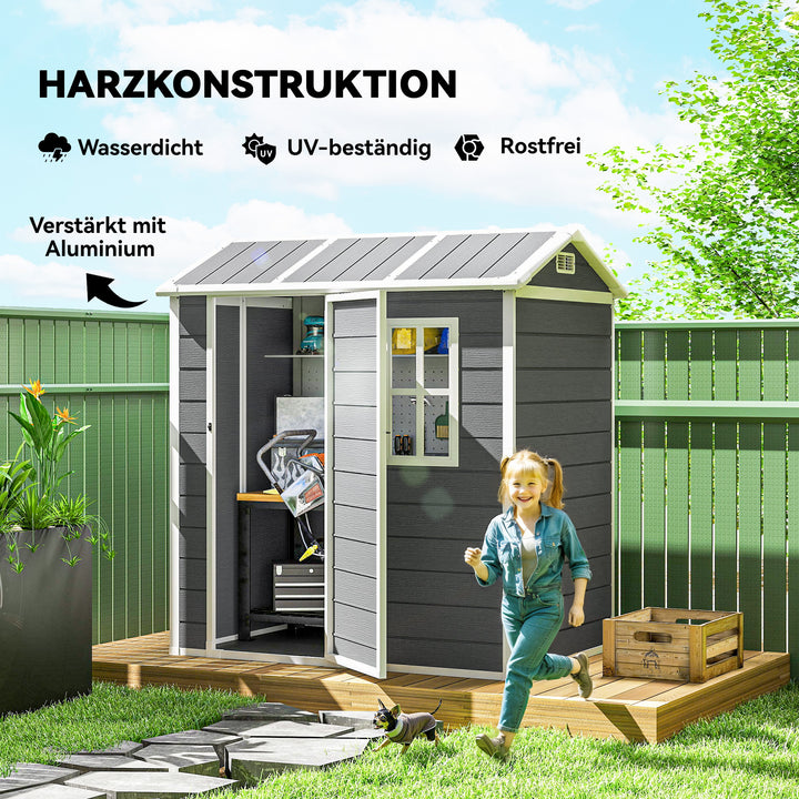 Haveskur med gulv, vindue, aflåselig dør, plastharpiks, vejrbestandig, grå