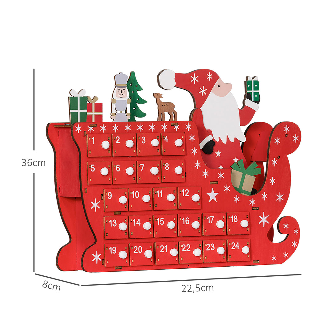 Julekalender julemanden med kane, 24 rum, genanvendelig, 22,5 x 8 x 36 cm, rød