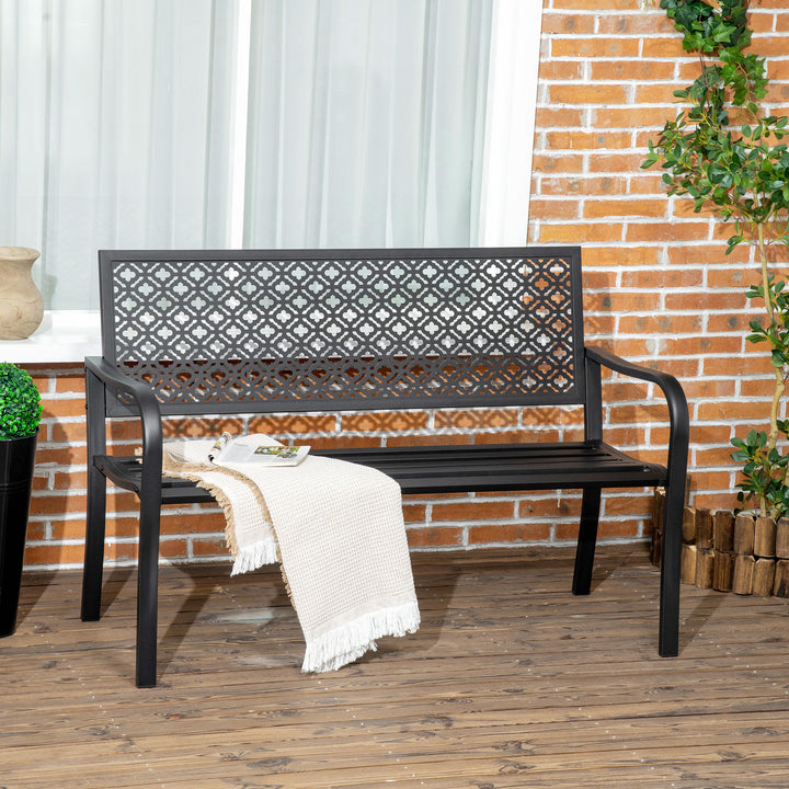 Metal havebænk, 2-personers, blomstermønster, vejrbestandig, 127 x 63 x 83 cm, sort