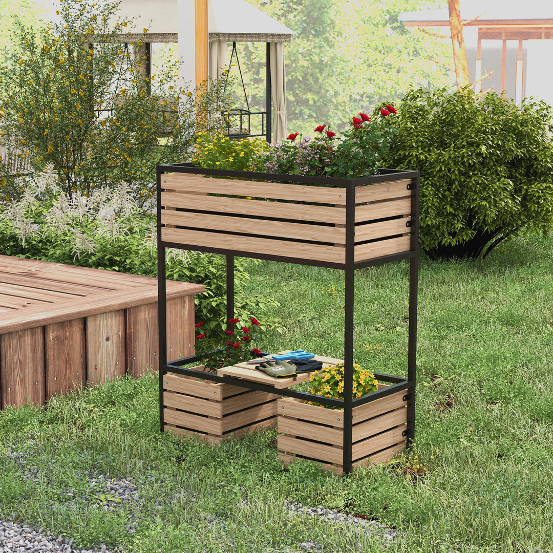 Plantekasse, blomsterstativ, højbed, vejrbestandig, 3 plantekasser, 83 cm x 39 cm x 100 cm, naturlig + sort