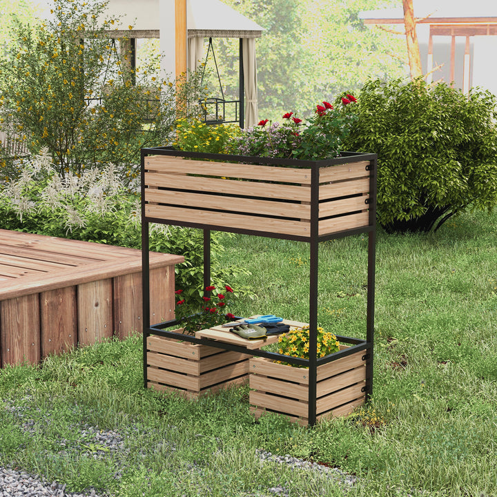 Plantekasse, blomsterstativ, højbed, vejrbestandig, 3 plantekasser, 83 cm x 39 cm x 100 cm, naturlig + sort