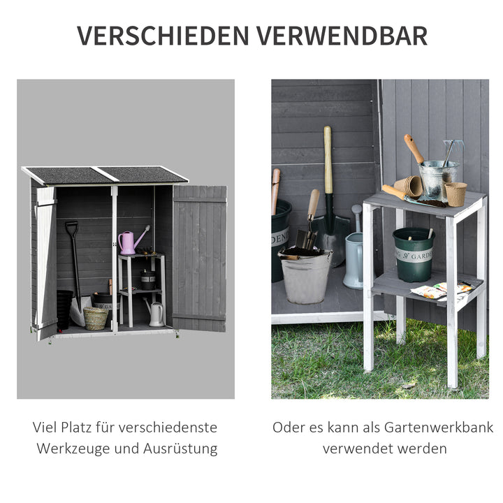 Haveskab med 2 døre, værktøjsskab med asfalttag, haveopbevaringsskab, antidumping design med slebne søm, grantræ, grå + hvid, 139 x 75 x 160 cm