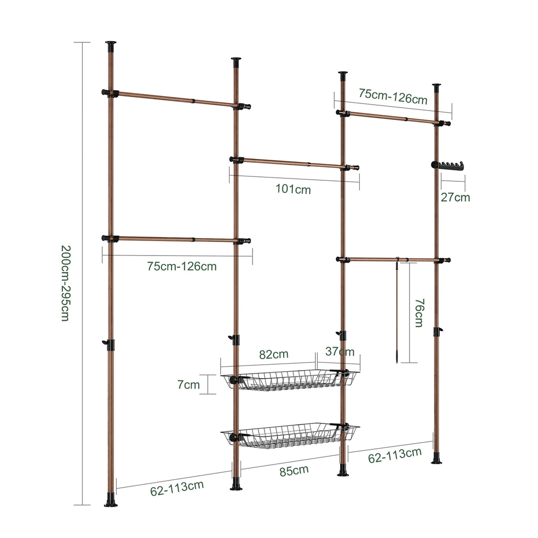 Teleskopisk tøjstativ i brun – robust, justerbar åben garderobe med tøjstænger og hylder
