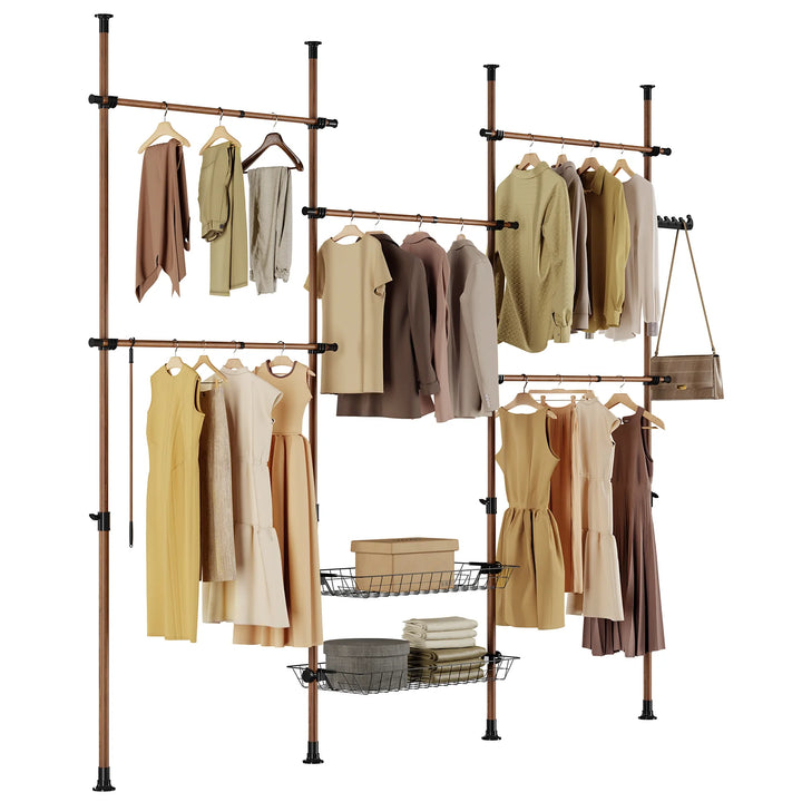 Teleskopisk tøjstativ i brun – robust, justerbar åben garderobe med tøjstænger og hylder