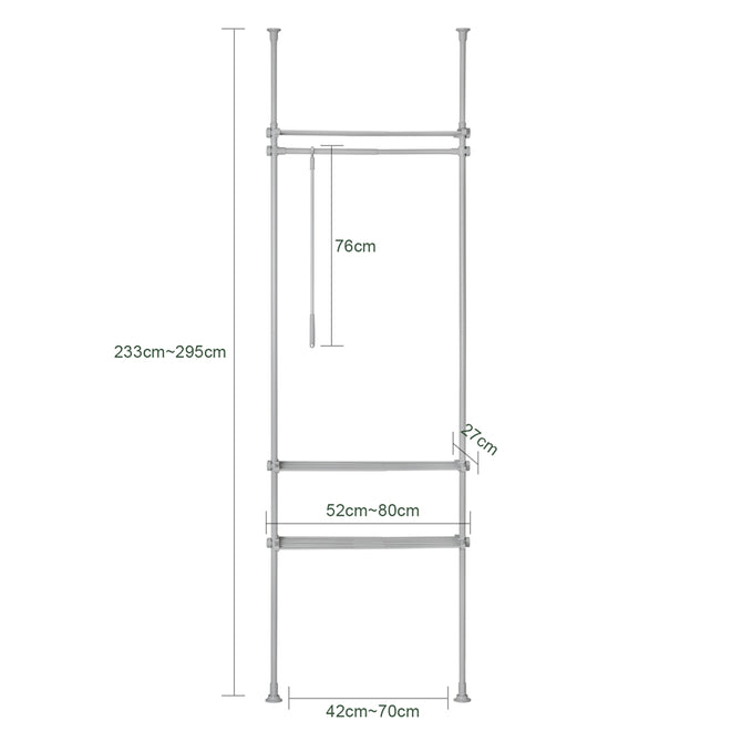 Teleskopisk garderobestativ/tøjstativ, Højde: 233-295 cm, Samlet længde: 52-80 cm