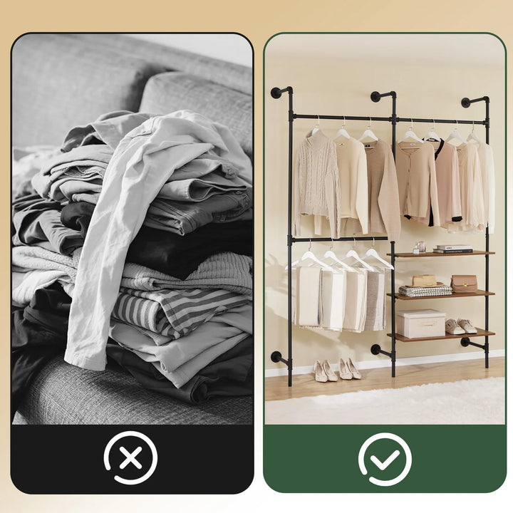 Pladsbesparende, åben garderobe i rå industriel stil (vægmonteret)